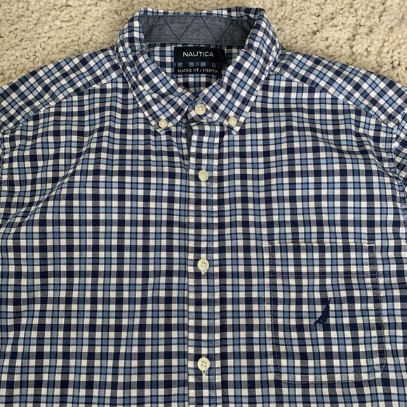 Nautica Mens Large Long Sleeve Blue Check Shirt Classic Fit Stretch Button Down - Picture 7 of 7